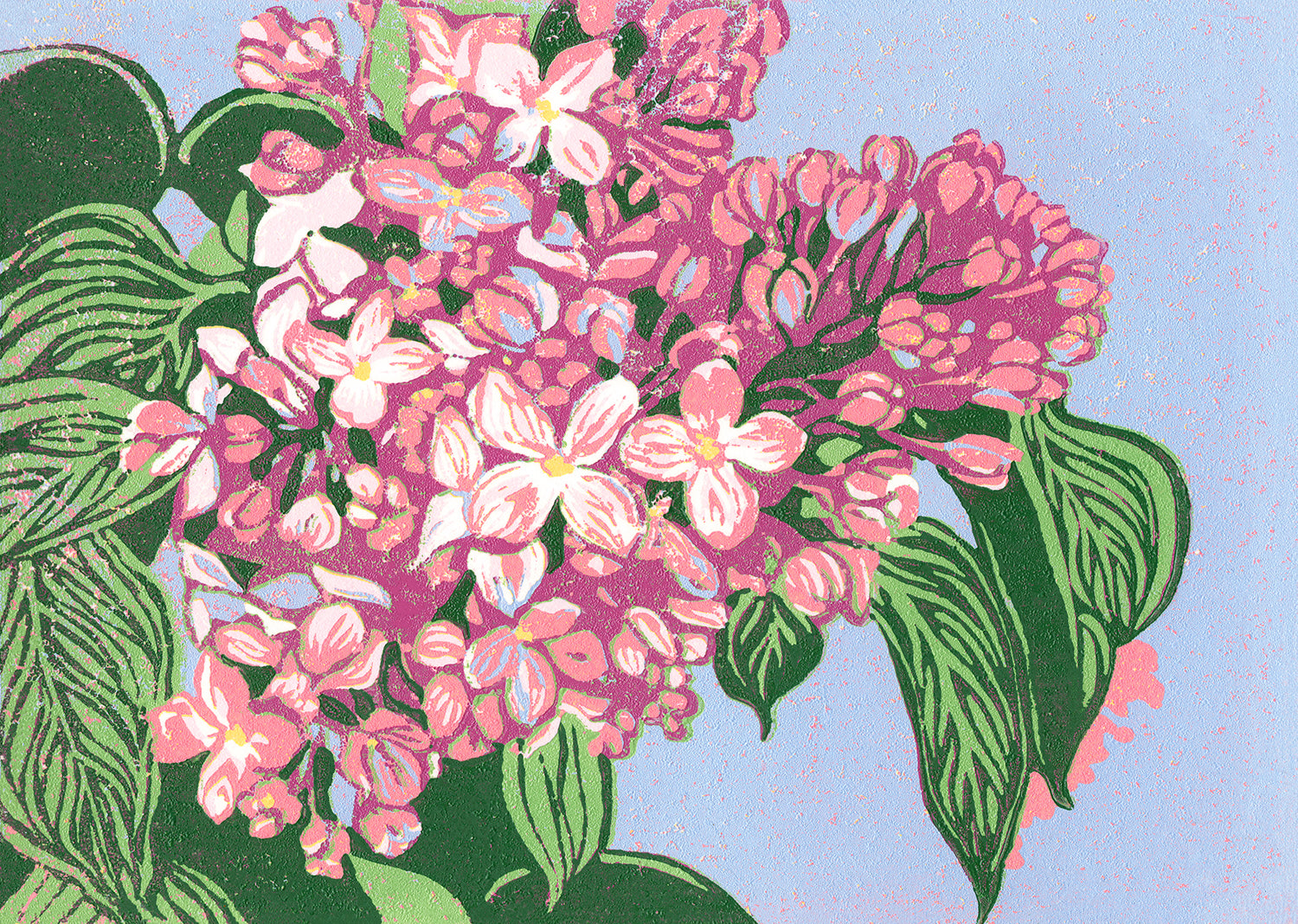 Reduction block print of blooming pink lilacs with olive green leaves against a periwinkle background.