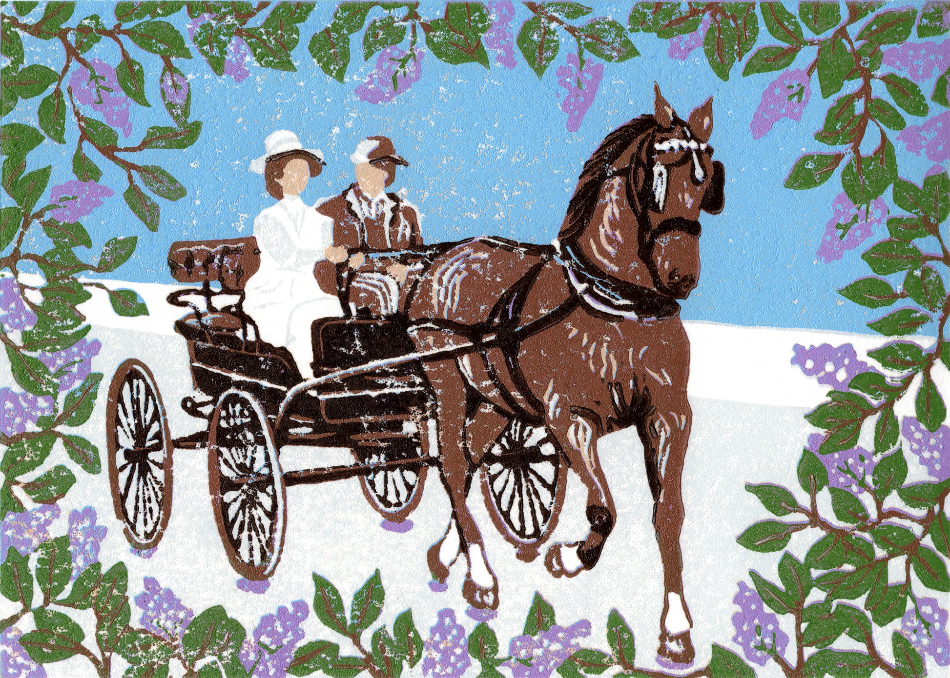 "Somewhere in Time Carriage Ride" is a 5"x7" seven-color reduction block print by Natalia Wohletz of Jane Seymour and Christopher Reeve riding in a carriage surrounded by blooming lilacs in the film "Somewhere in Time" on Mackinac Island.
