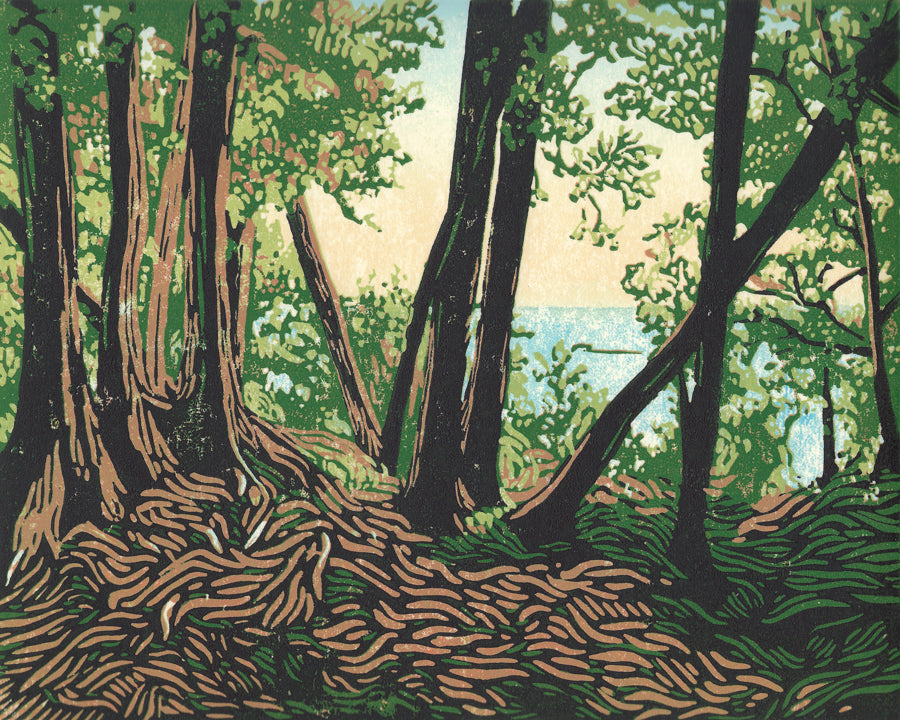 Trail Lookout. A signed, original multi-color traditional block print by Natalia Wohletz of Peninsula Prints carved and printed in Michigan.  Best of Show Award-winner in the 2019 Mackinac Island Contemporary Art Exhibit at the Richard and Jane Manoogian Mackinac Museum.