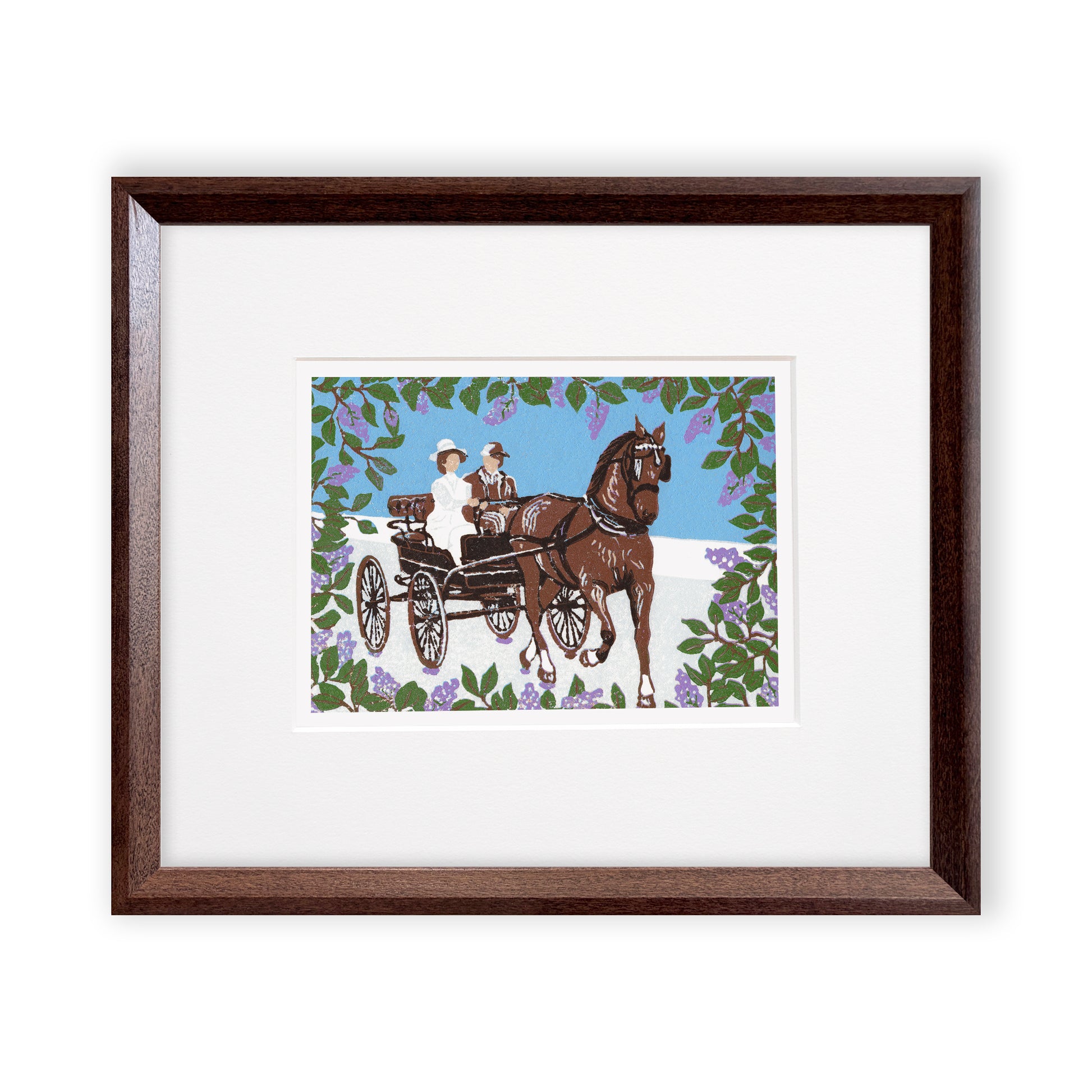 "Somewhere in Time Carriage Ride" is a 5"x7" seven-color reduction block print by Natalia Wohletz of Jane Seymour and Christopher Reeve riding in a carriage surrounded by blooming lilacs in the film "Somewhere in Time" on Mackinac Island. Matted in a white mat and framed in a narrow walnut frame.