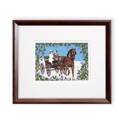 "Somewhere in Time Carriage Ride" is a 5"x7" seven-color reduction block print by Natalia Wohletz of Jane Seymour and Christopher Reeve riding in a carriage surrounded by blooming lilacs in the film "Somewhere in Time" on Mackinac Island. Matted in a white mat and framed in a narrow walnut frame.