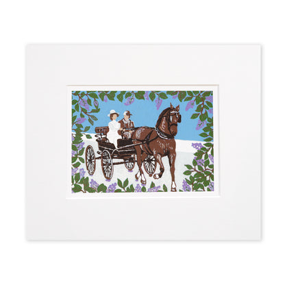 "Somewhere in Time Carriage Ride" is a 5"x7" seven-color reduction block print by Natalia Wohletz of Jane Seymour and Christopher Reeve riding in a carriage surrounded by blooming lilacs in the film "Somewhere in Time" on Mackinac Island. Matted in a white mat.