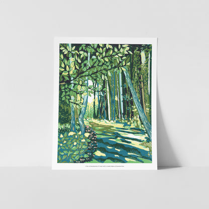 A fine art reproduction of "Cedar Trail," an award-winning nine-color 8" x 10" block print celebrating the tranquil beauty of the gardens and trails on Mackinac Island.