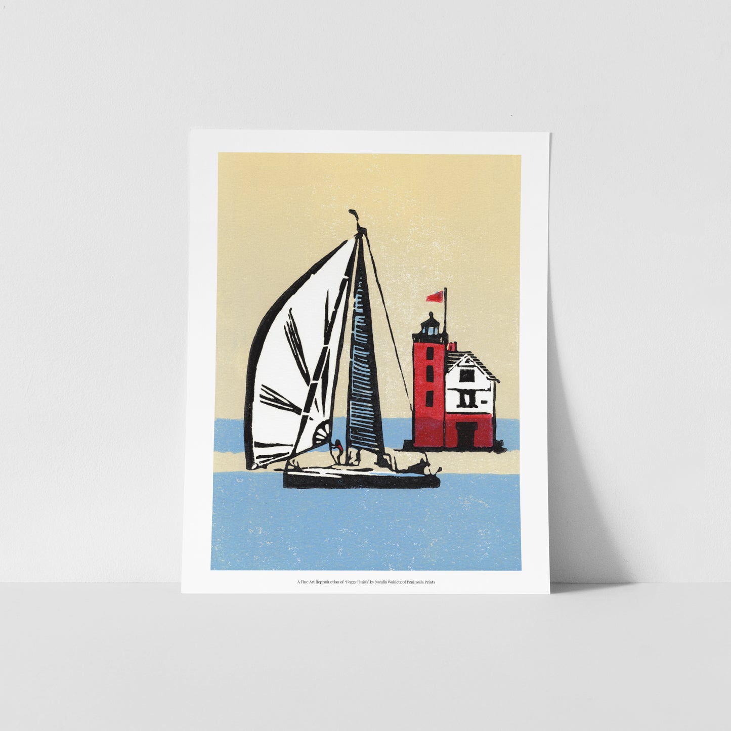 A fine art reproduction of "Foggy Finish," a four-color 6" x 8" block print that conveys the excitement of sailors as they complete their race from Chicago or Port Huron.