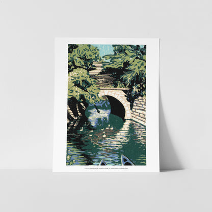 A fine art reproduction of "Huron River Bridge," a seven-color 4" x 6" block print of the historic railroad bridge on the east side of Main Street in Milford, Michigan that spans the Huron River.