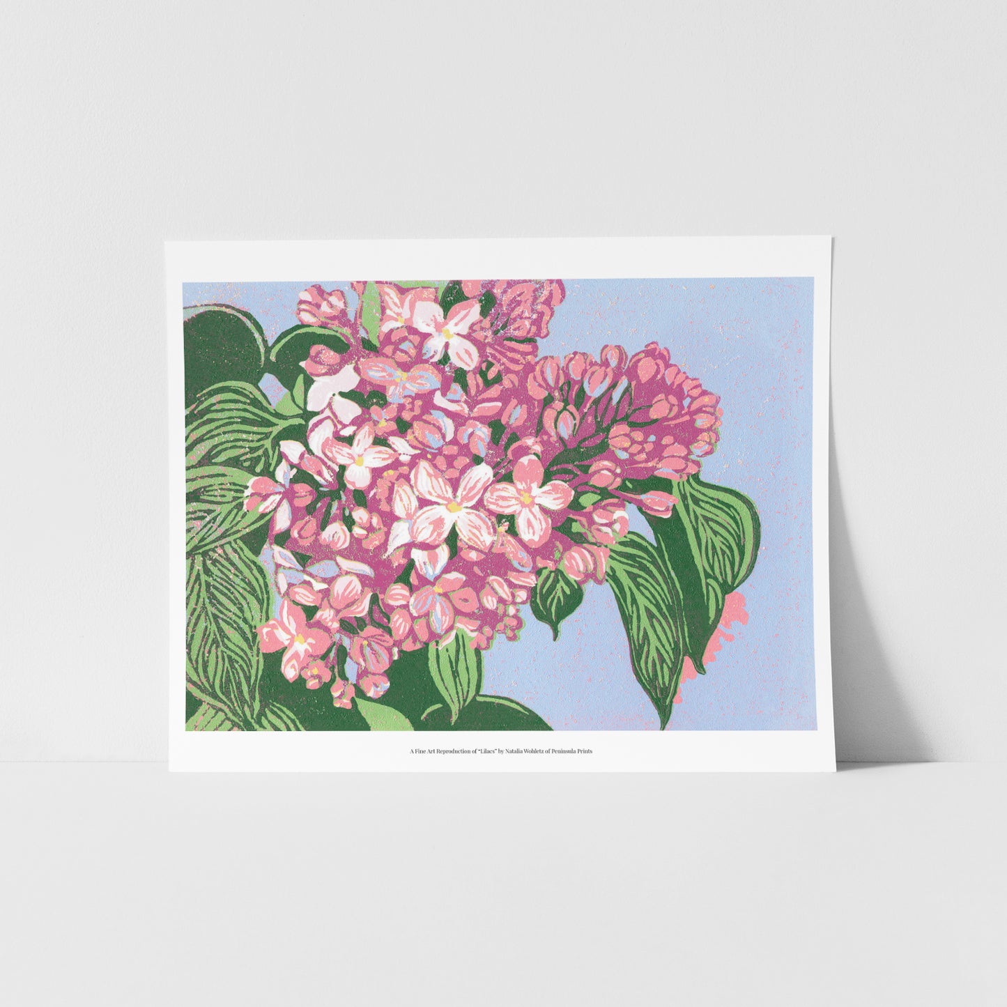 A fine art reproduction of "Monarch on Tansy," a four-color 8" x 6" block print featuring a monarch butterfly resting on common tansies. 