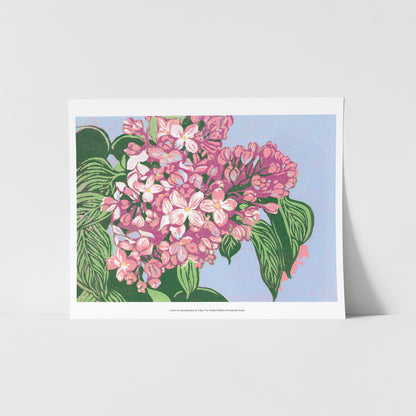 A fine art reproduction of "Monarch on Tansy," a four-color 8" x 6" block print featuring a monarch butterfly resting on common tansies. 