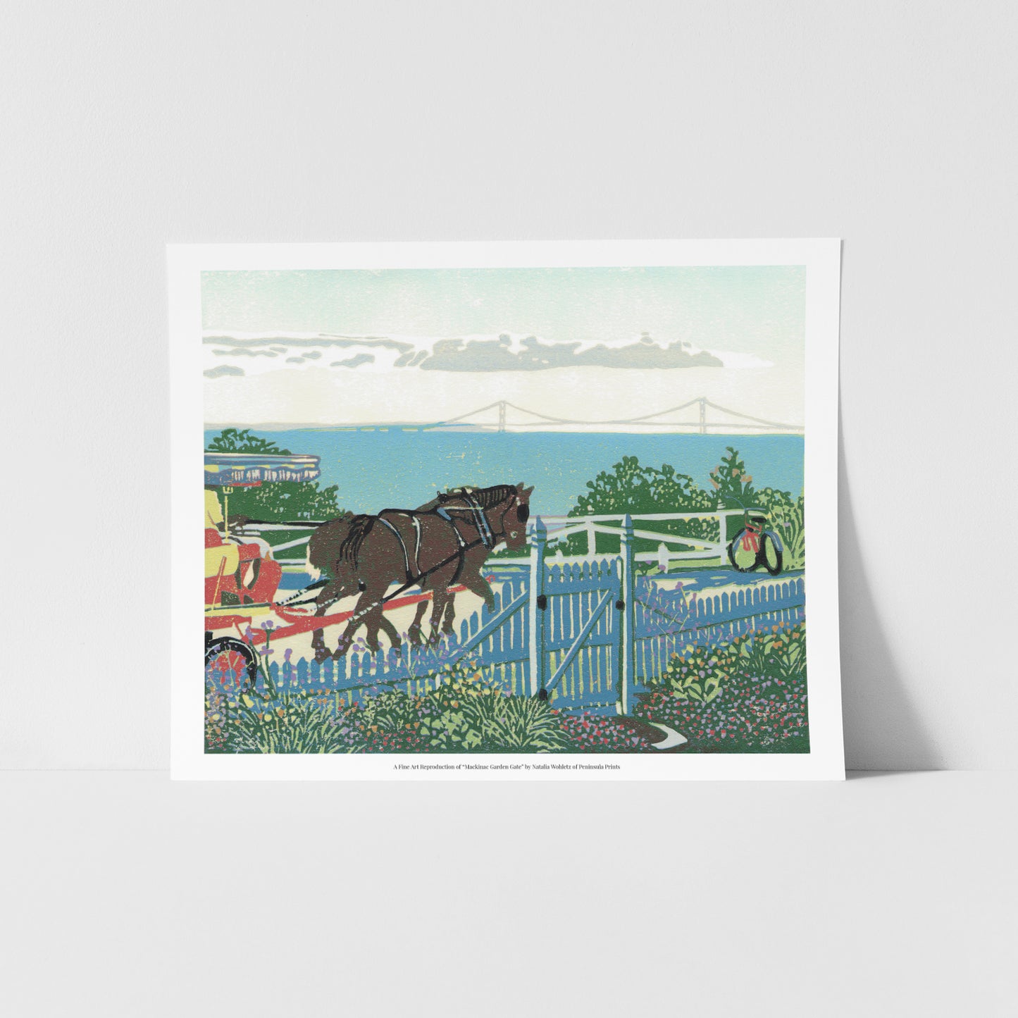 A fine art reproduction of "Mackinac Garden Gate," a nostalgic fourteen-color reduction block print showcasing all that makes Mackinac Island unique from the view of a cottage porch on the West Bluff.