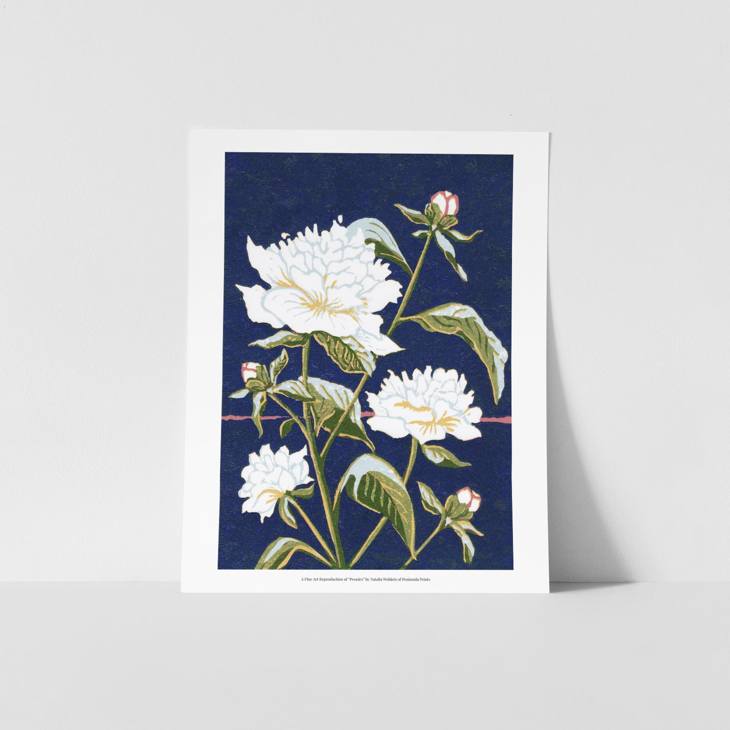 A fine art reproduction of "Peonies," a six-color 5" x 7" linoleum block print inspired by the perennial flowers blooming in the cottage gardens of Mackinac Island.