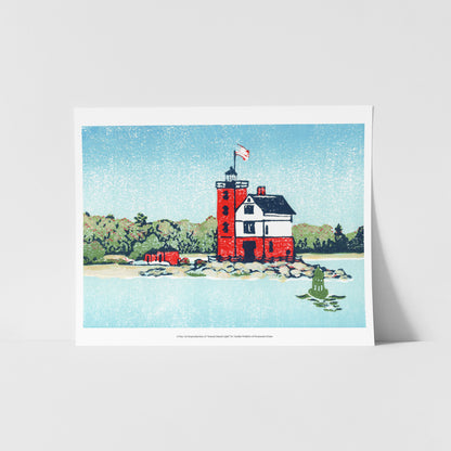 A fine art reproduction of "Round Island Light," a four-color 7" x 5" block print of one of Michigan's most beloved lighthouses. Round Island Light stands on the tip of Round Island and is right across the channel from Mackinac Island.