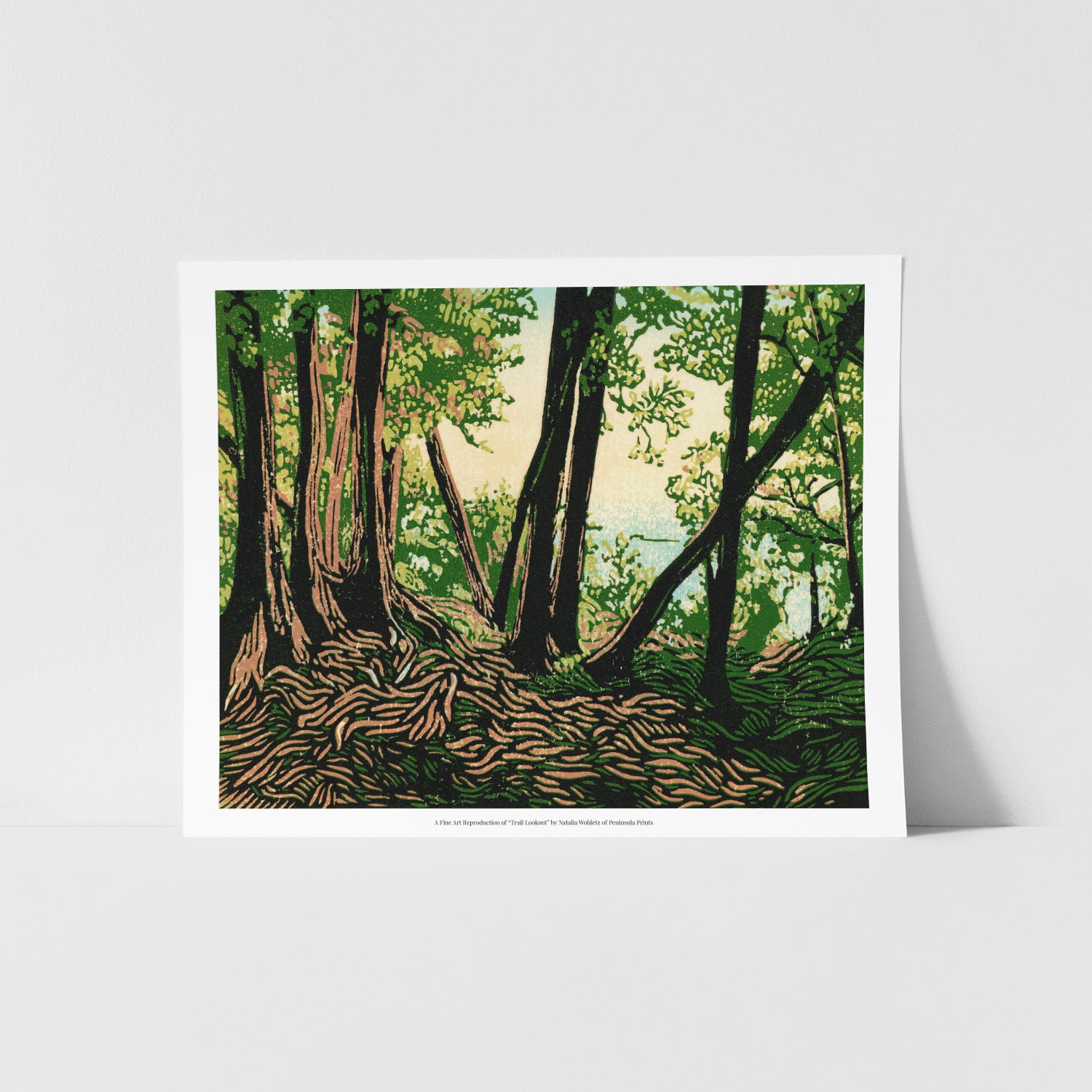 A fine art reproduction of "Trail Lookout," a striking seven-color reduction linoleum block print of a lookout over Lake Huron from a cedar-lined trail.