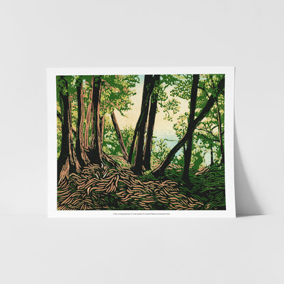 A fine art reproduction of "Trail Lookout," a striking seven-color reduction linoleum block print of a lookout over Lake Huron from a cedar-lined trail.