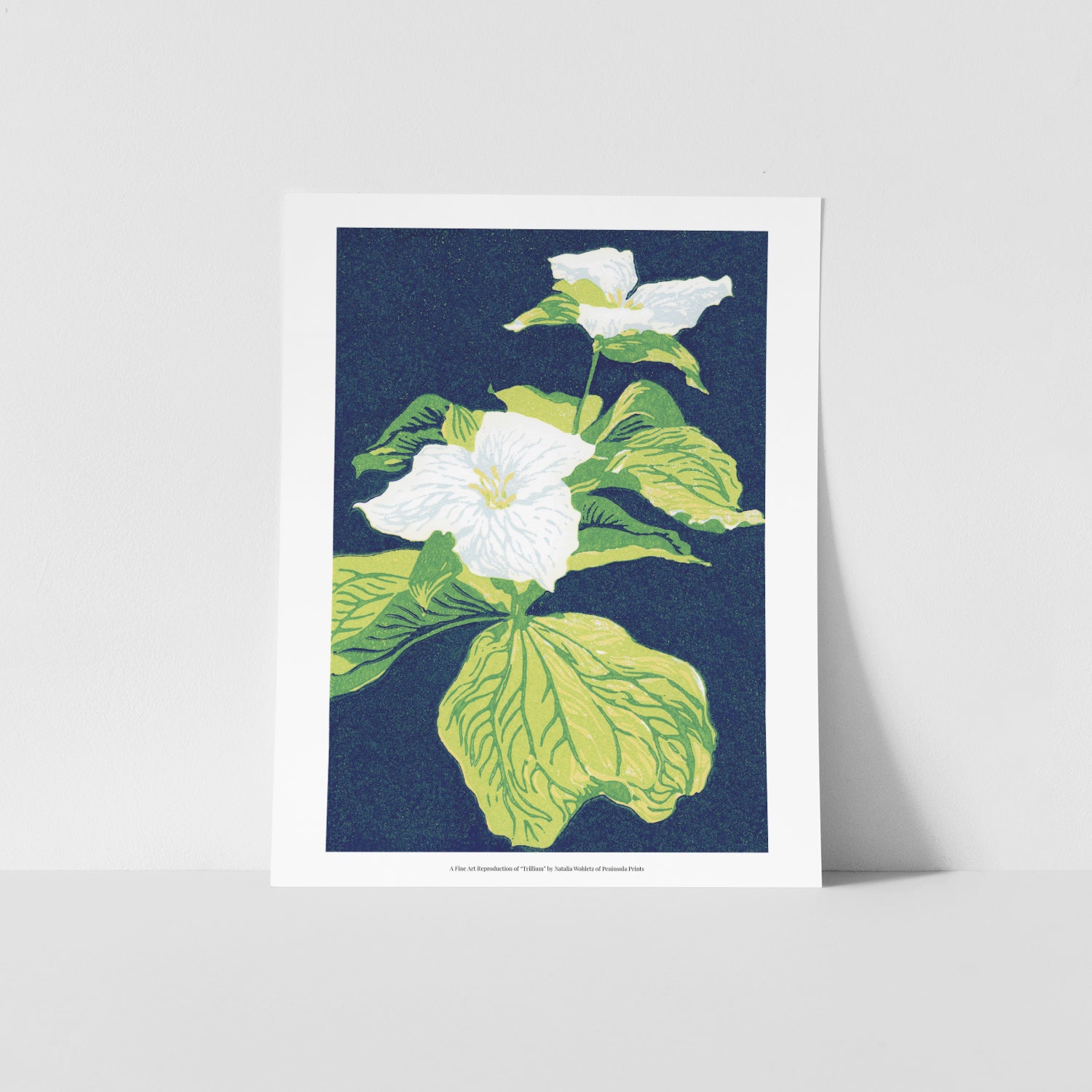 A fine art reproduction of "Trillium," a five-color 5" x 7" reduction block print featuring the beautiful white spring-time blooms of trillium.