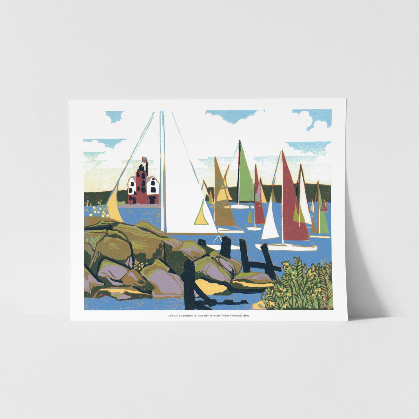 Art print of "Yacht Race," featuring a sailboat crosses a yacht race finish line in front of the red Round Island Lighthouse on a foggy day.