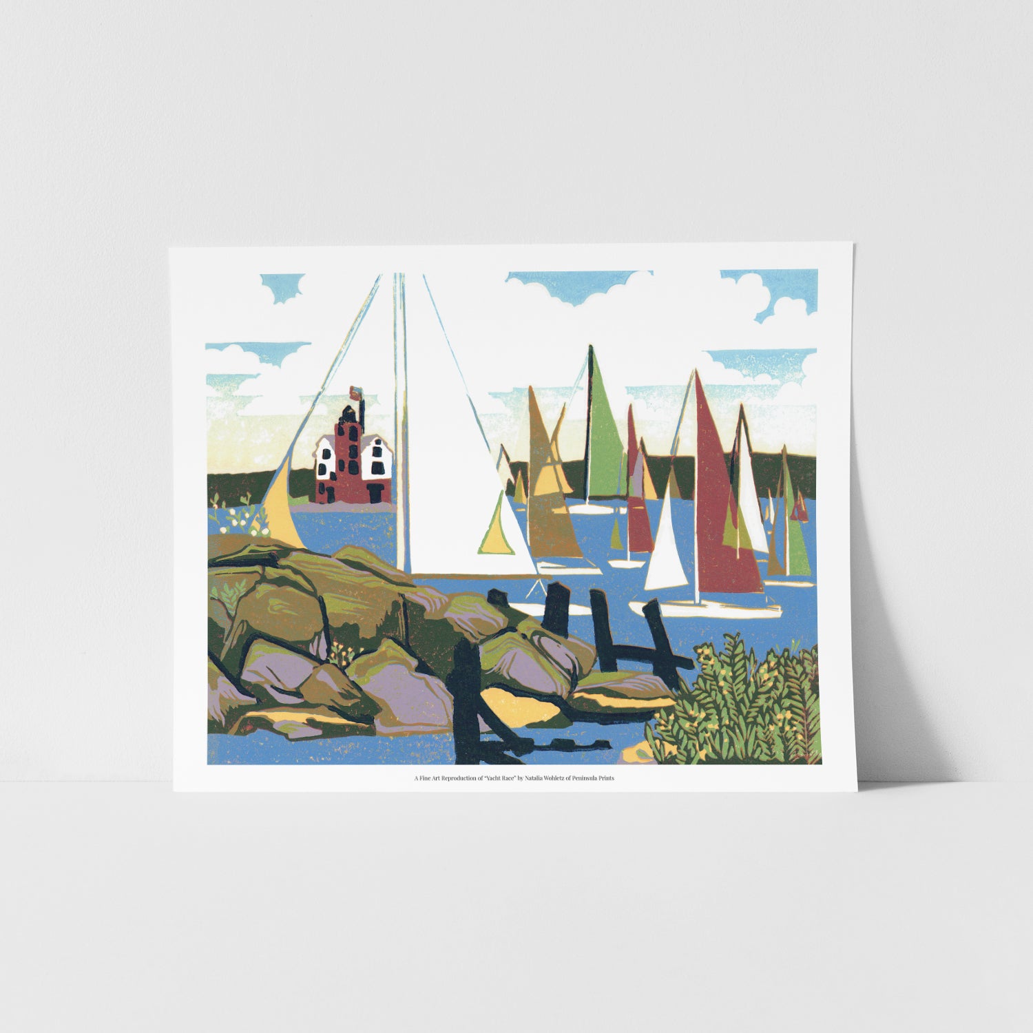 Art print of "Yacht Race," featuring a sailboat crosses a yacht race finish line in front of the red Round Island Lighthouse on a foggy day.