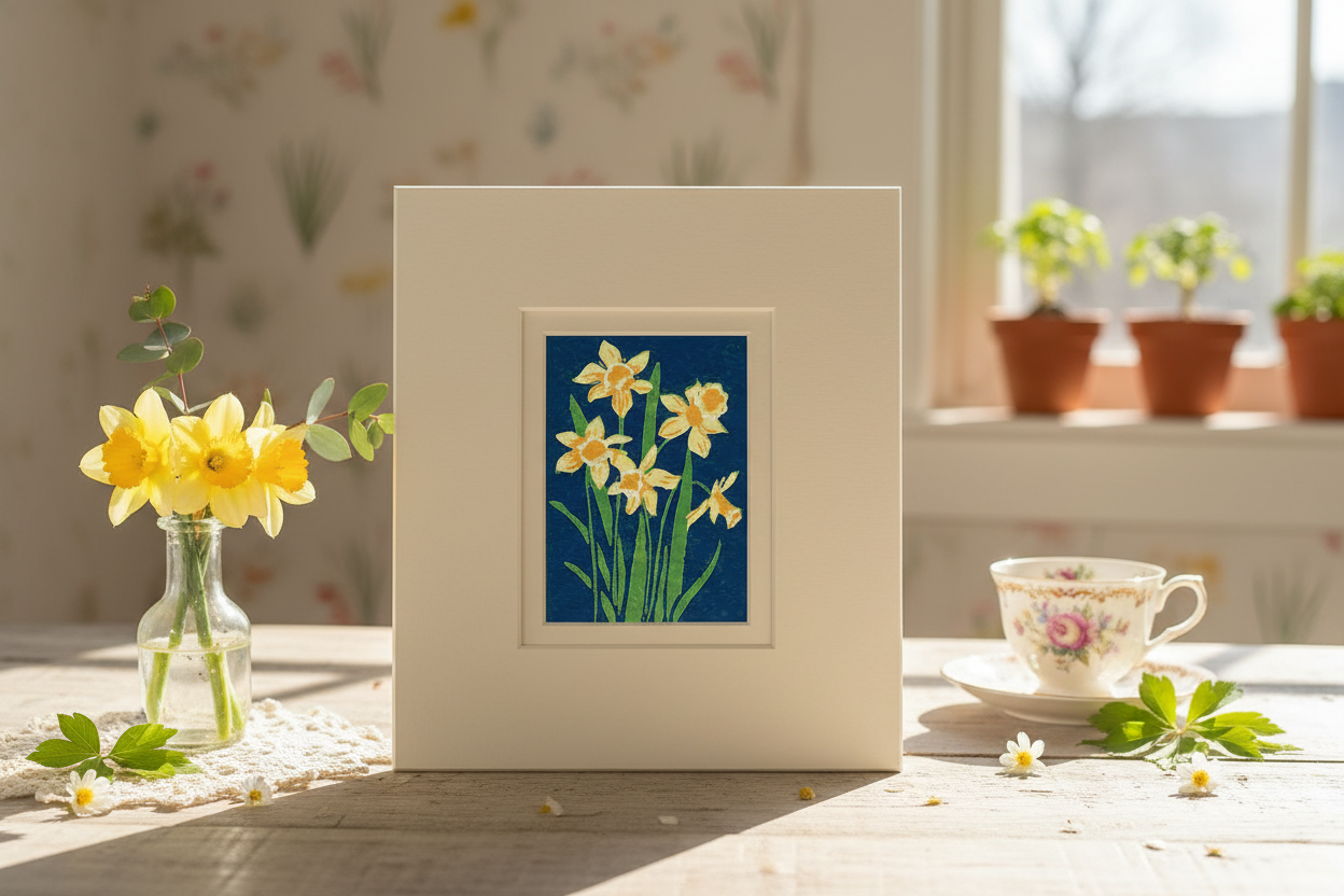 Daffodils Block Print with Mat Lifestyle Image