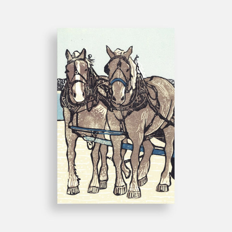 Mackinac Island Postcard featuring an image of a team of dray horses.