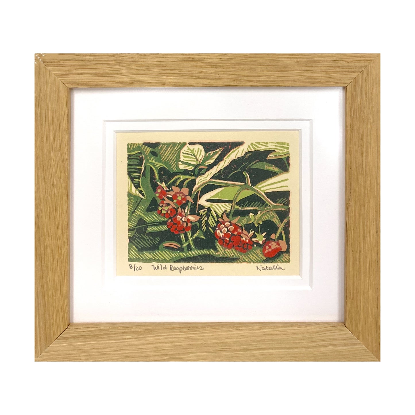 Wild Raspberries.  A signed, original reduction multi-color block print carved and printed in Michigan by Natalia Wohletz of Peninsula Prints.