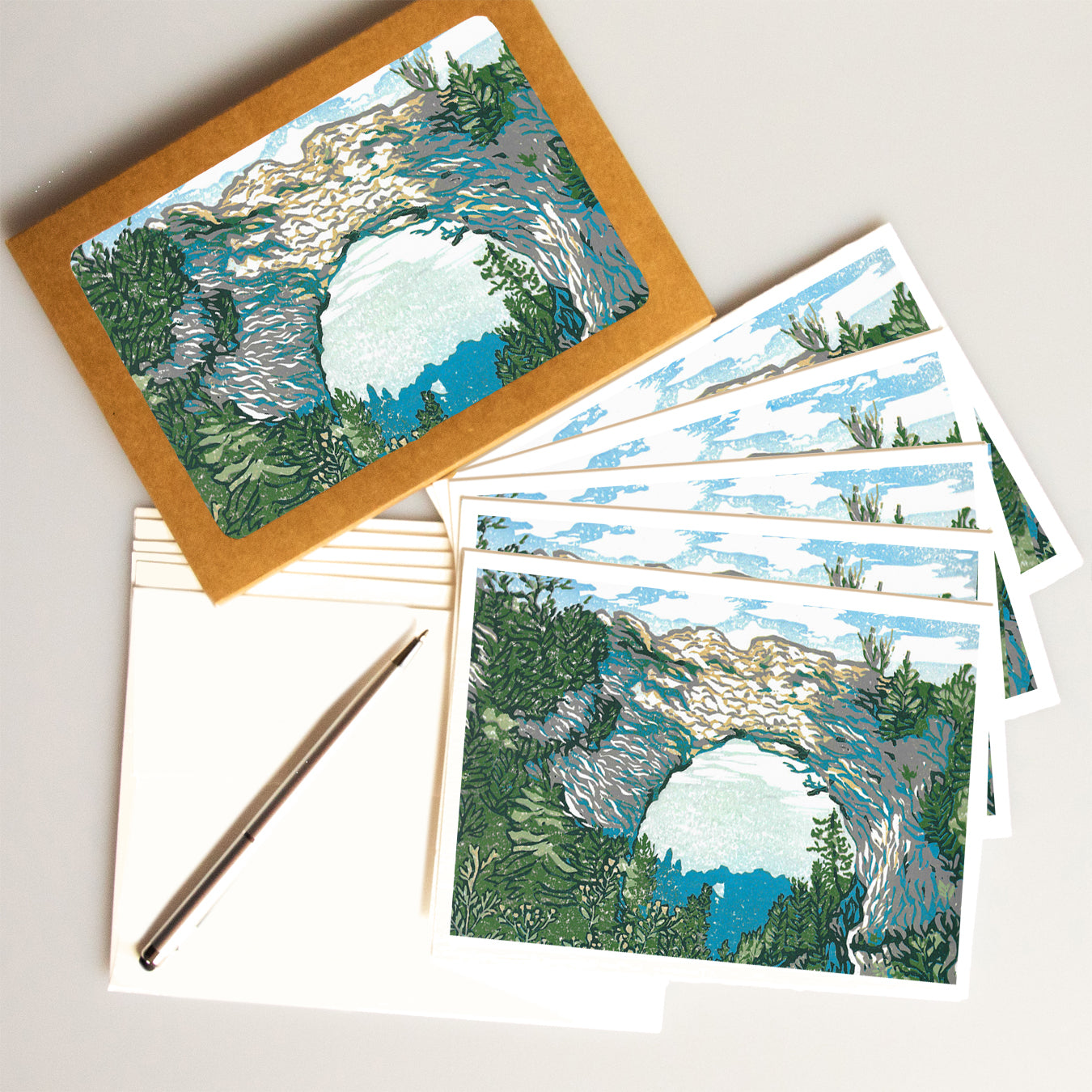 Arch Rock's Shadow Blank Greeting Card - A casually elegant card set featuring Mackinac Island art by printmaker Natalia Wohletz of Peninsula Prints.