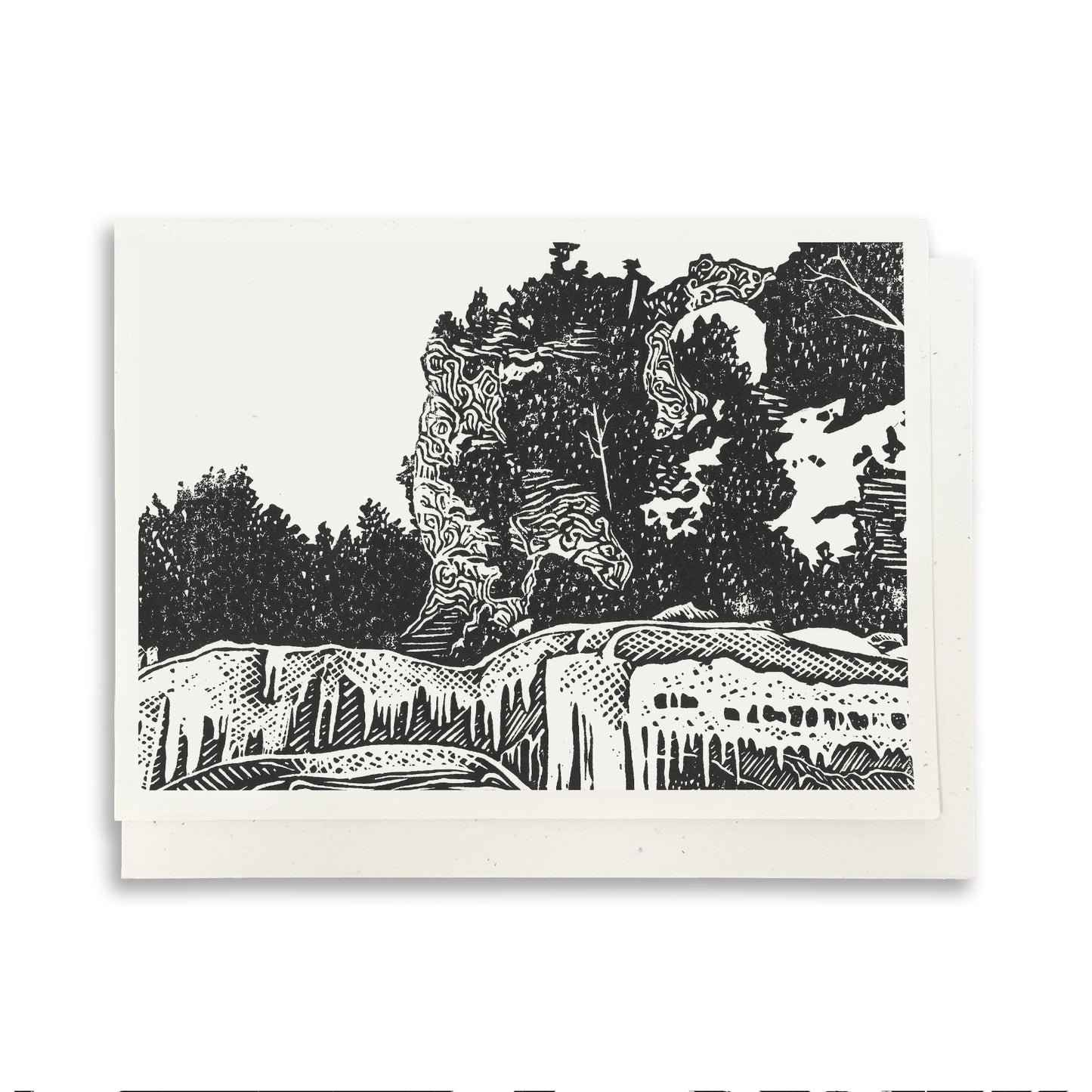 A casually elegant card featuring Mackinac Island art by Natalia Wohletz titled Arch Rock in Winter