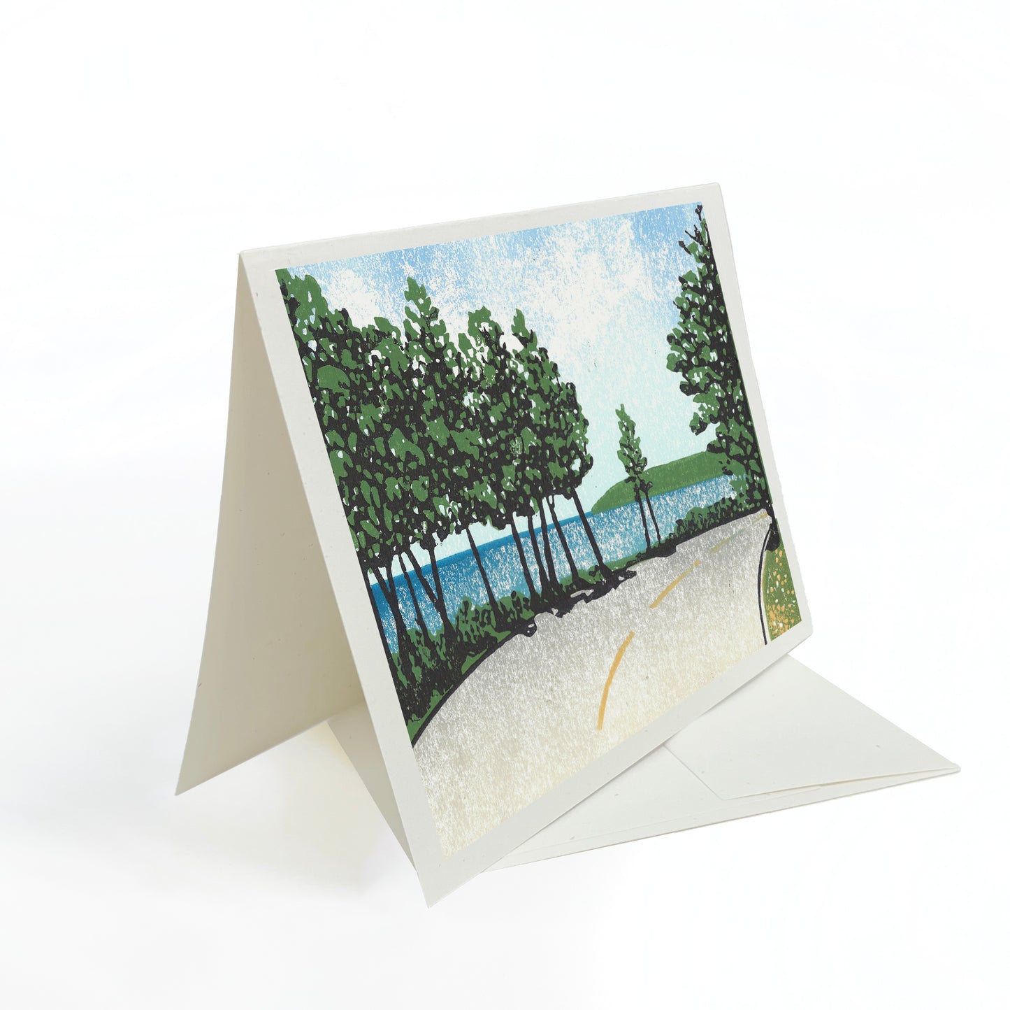 A casually elegant card featuring Mackinac Island art by Natalia Wohletz titled Bend by the Bay..