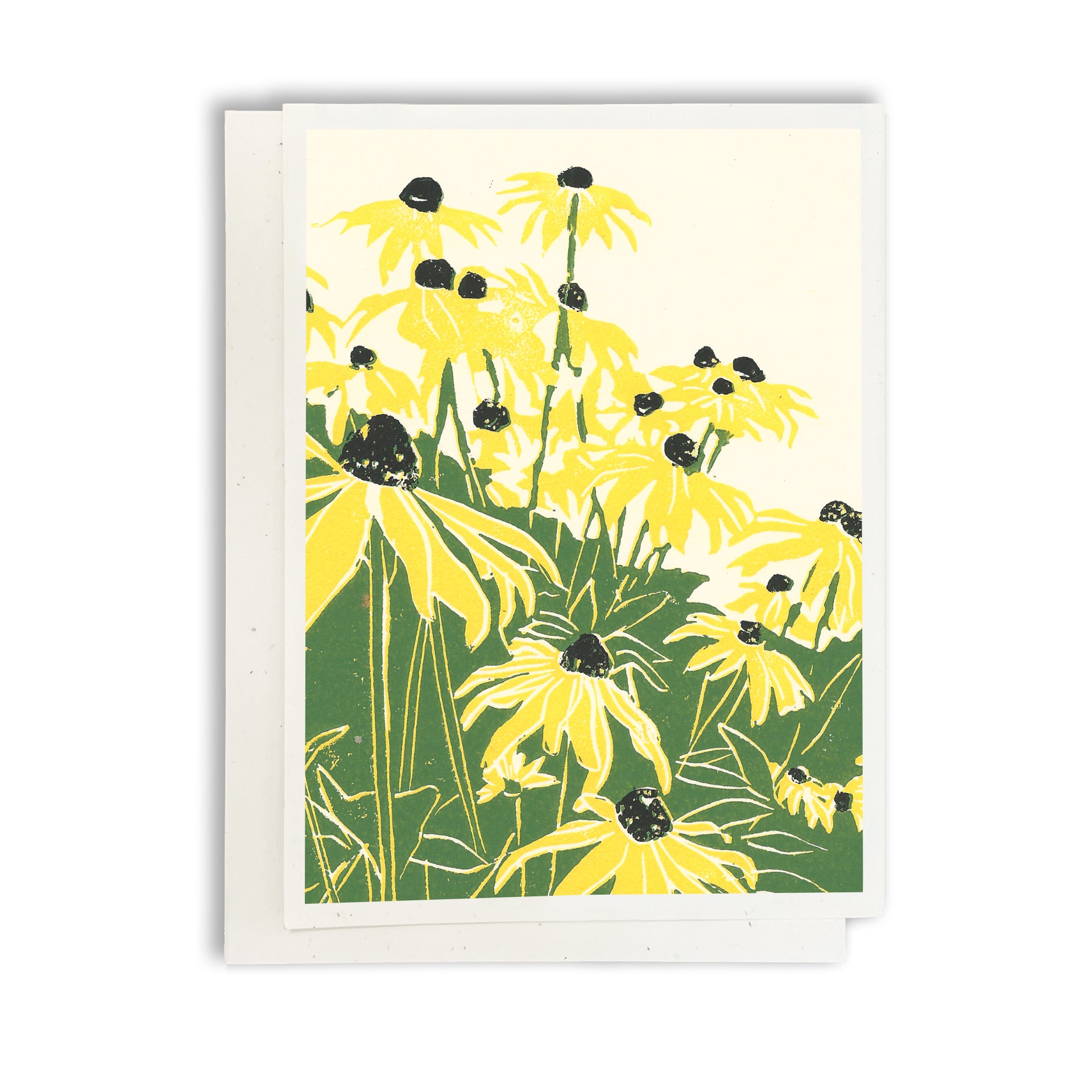 A casually elegant card featuring a digital reproductions of Natalia Wohletz's block print design titled Black Eyed Susans.