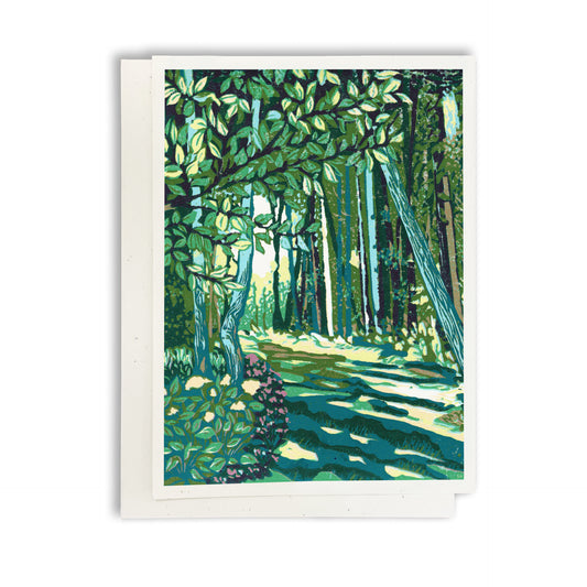 Cedar Trail Greeting Card, a block print design by Natalia Wohletz of Peninsula Prints.