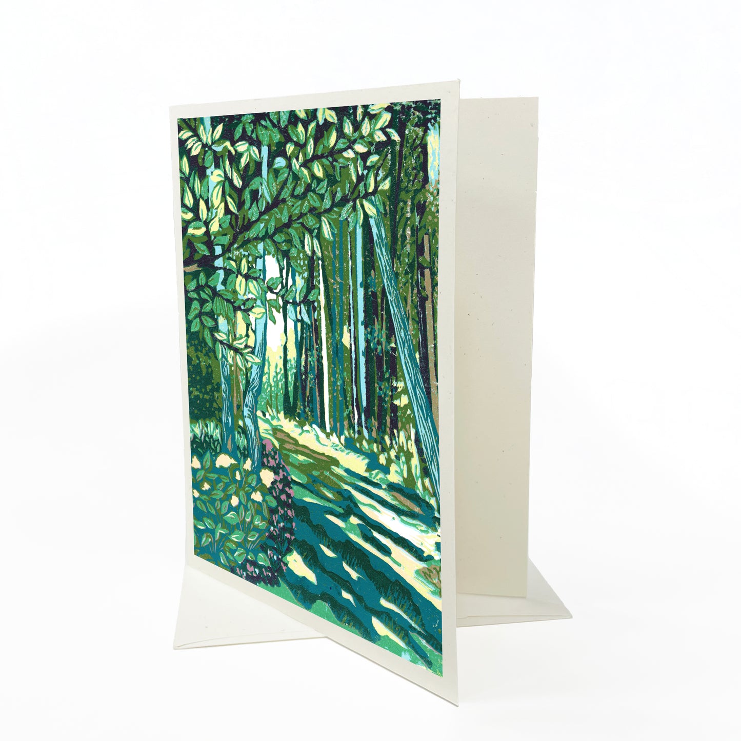 Cedar Trail Greeting Card, a block print design by Natalia Wohletz of Peninsula Prints.