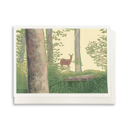 A casually elegant card featuring Michigan wildlife art by Natalia Wohletz titled Deer in the Woods.