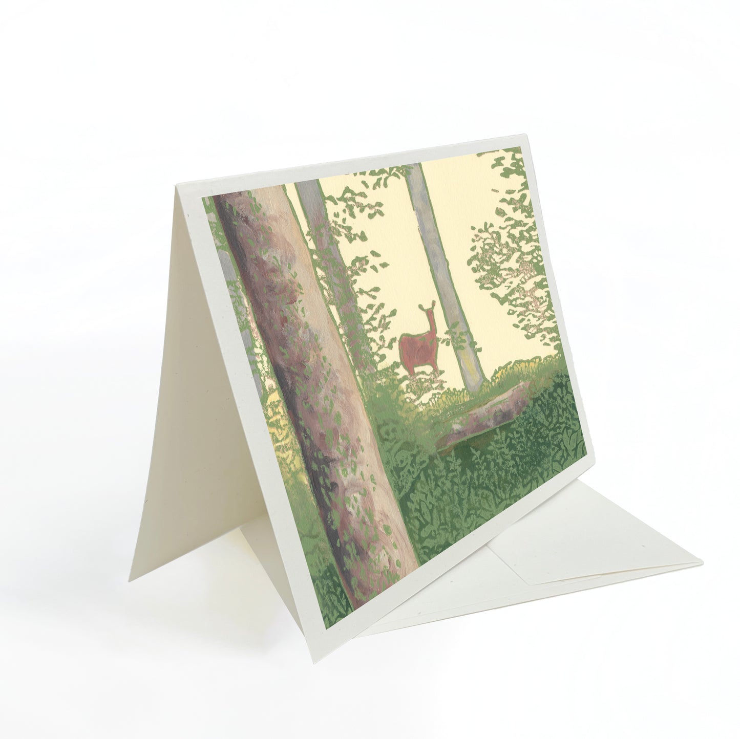 A casually elegant card featuring Michigan wildlife art by Natalia Wohletz titled Deer in the Woods.