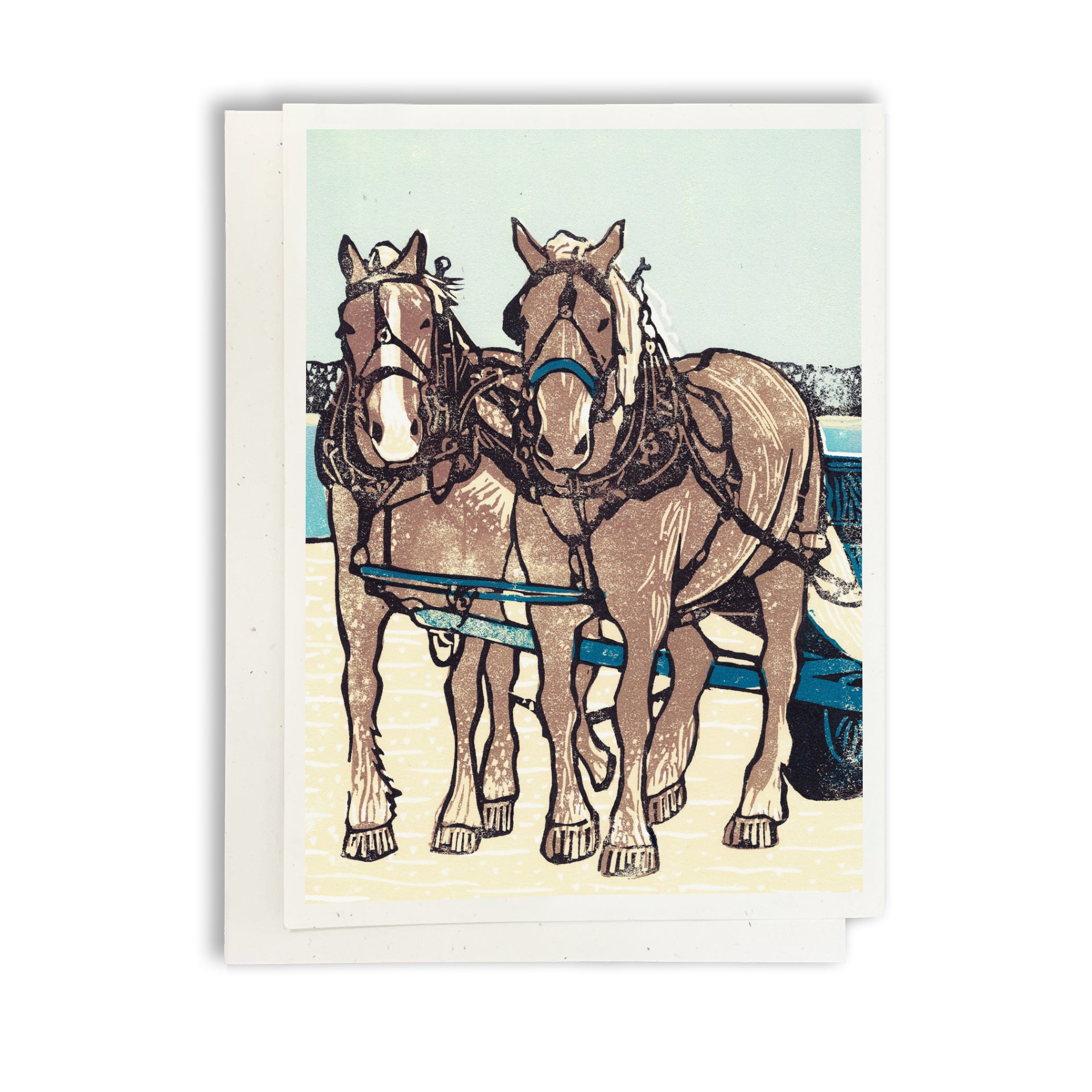 A casually elegant card featuring horse art by Natalia Wohletz titled Dray Team on the Dock.