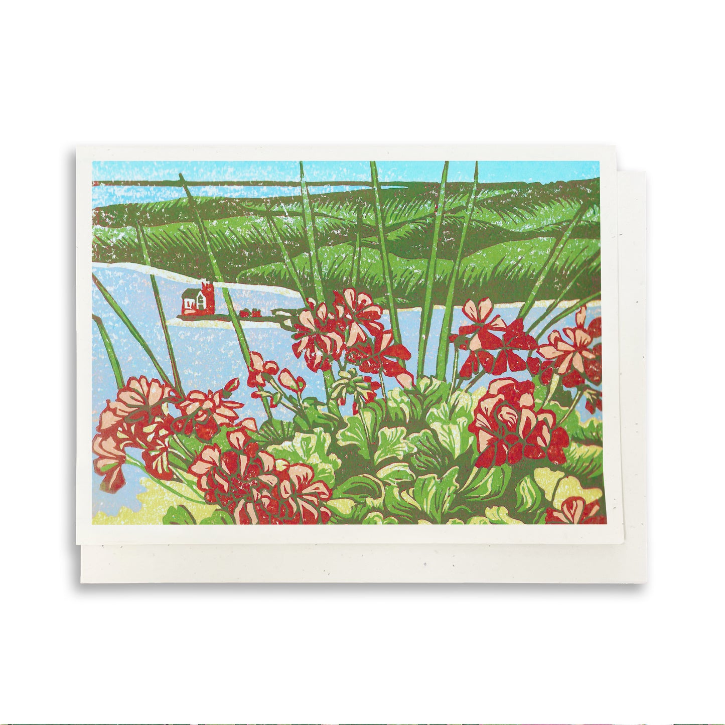 A casually elegant card featuring Mackinac Island art by Natalia Wohletz of Peninsula Prints titled Grand Geranium View.