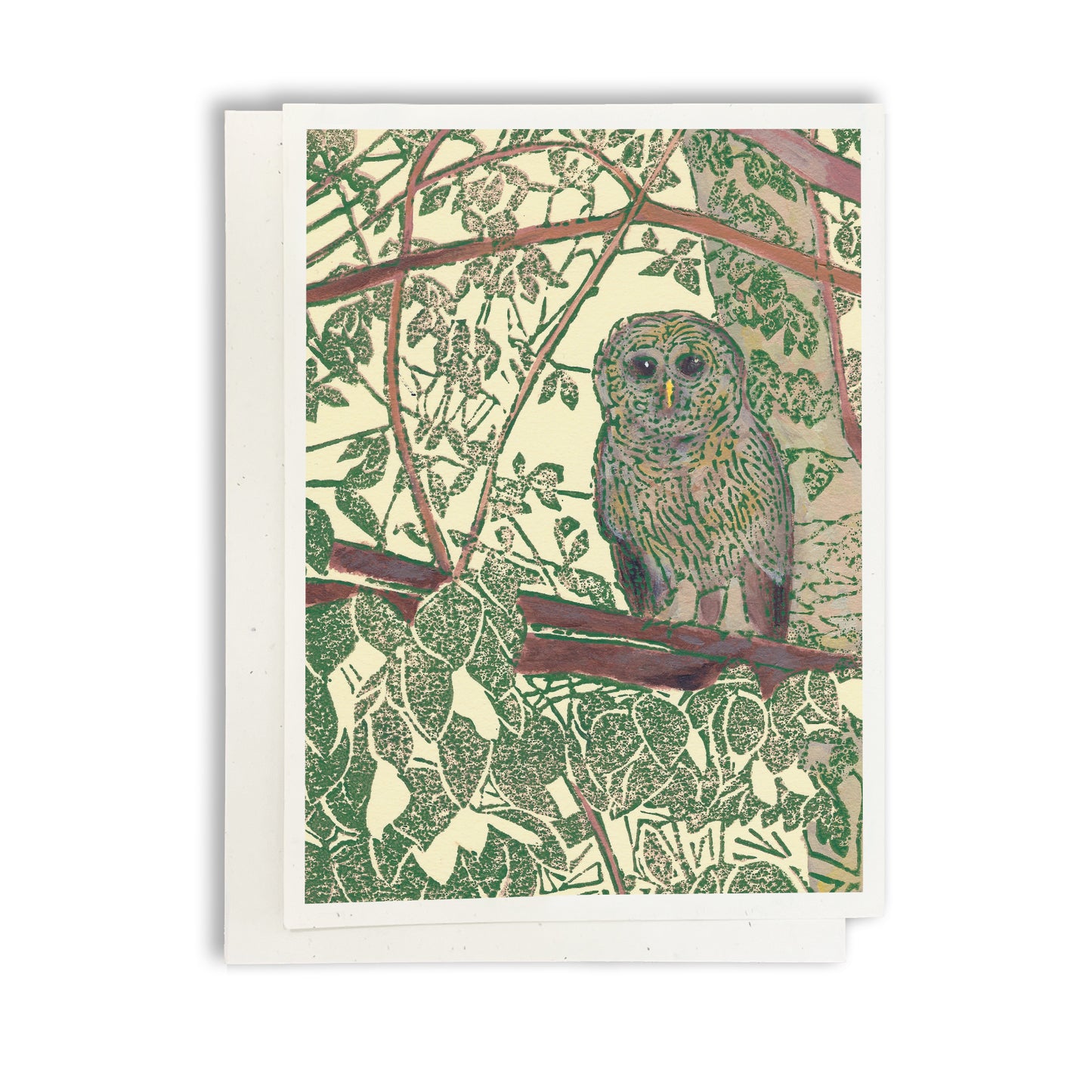 A casually elegant card featuring Michigan wildlife art by Natalia Wohletz titled Hidden Owl.