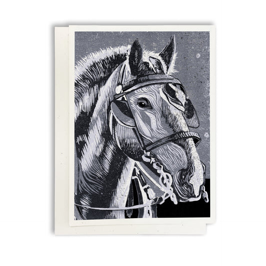 A casually elegant card featuring Mackinac Island horses art by Natalia Wohletz of Peninsula Prints titled Horse in Monochrome.