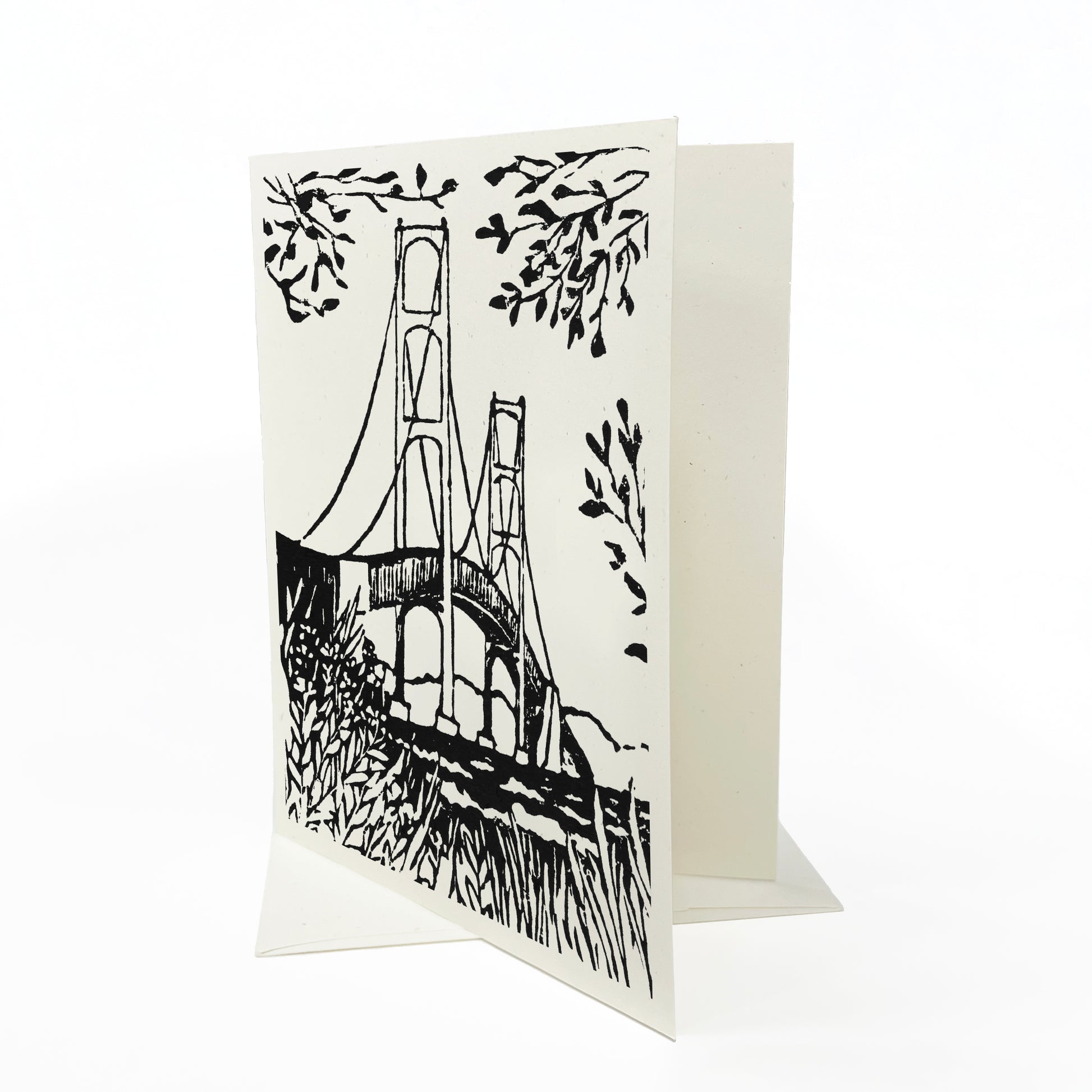 A casually elegant card featuring Mackinac Bridge art by Natalia Wohletz titled Mighty Mack Shore View.