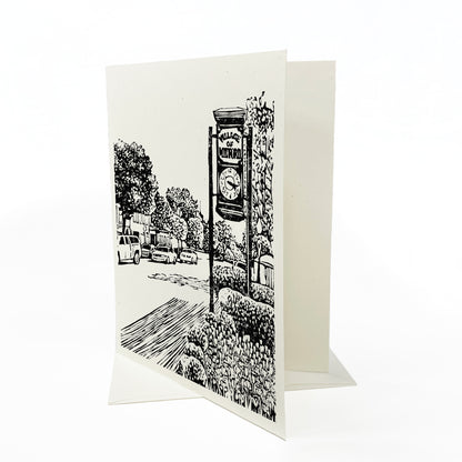 A casually elegant card featuring a digital reproduction of Natalia Wohletz's block print design: Milford Clock.