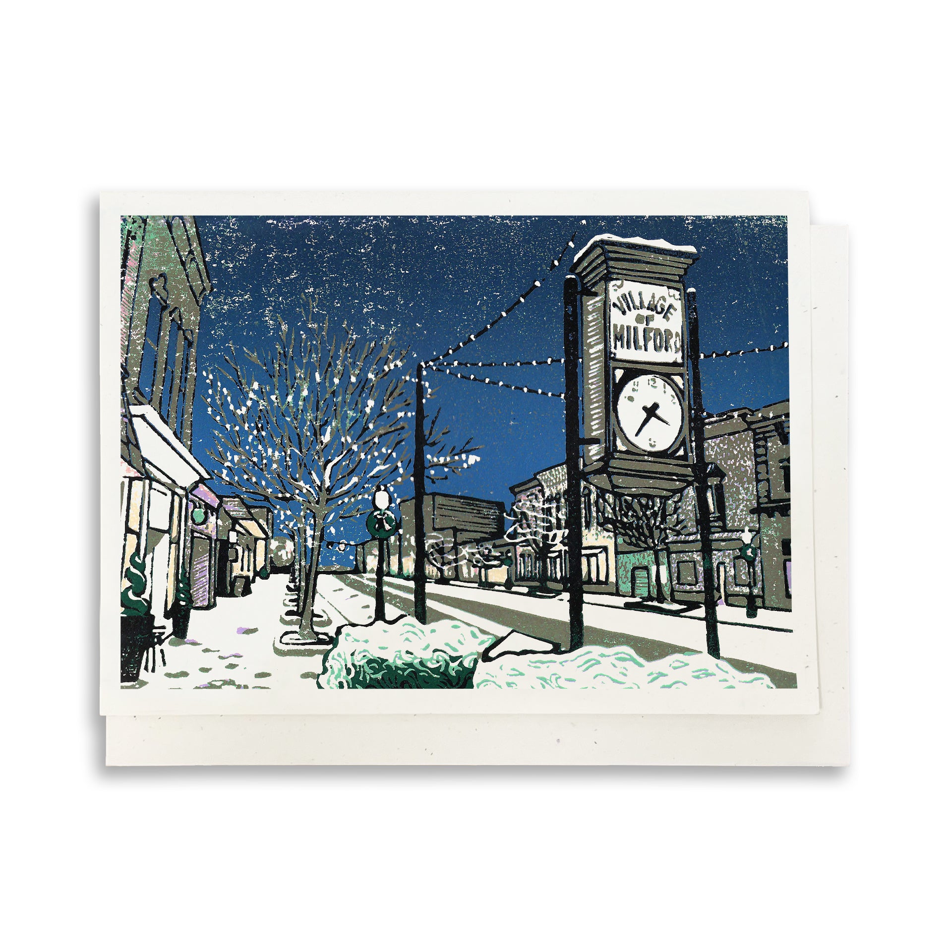 A casually elegant card featuring Milford, Michigan, art by Natalia Wohletz titled Milford Lights.