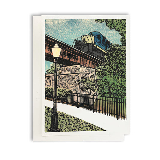 A casually elegant card featuring Milford, Michigan, art by Natalia Wohletz titled Milford Train.