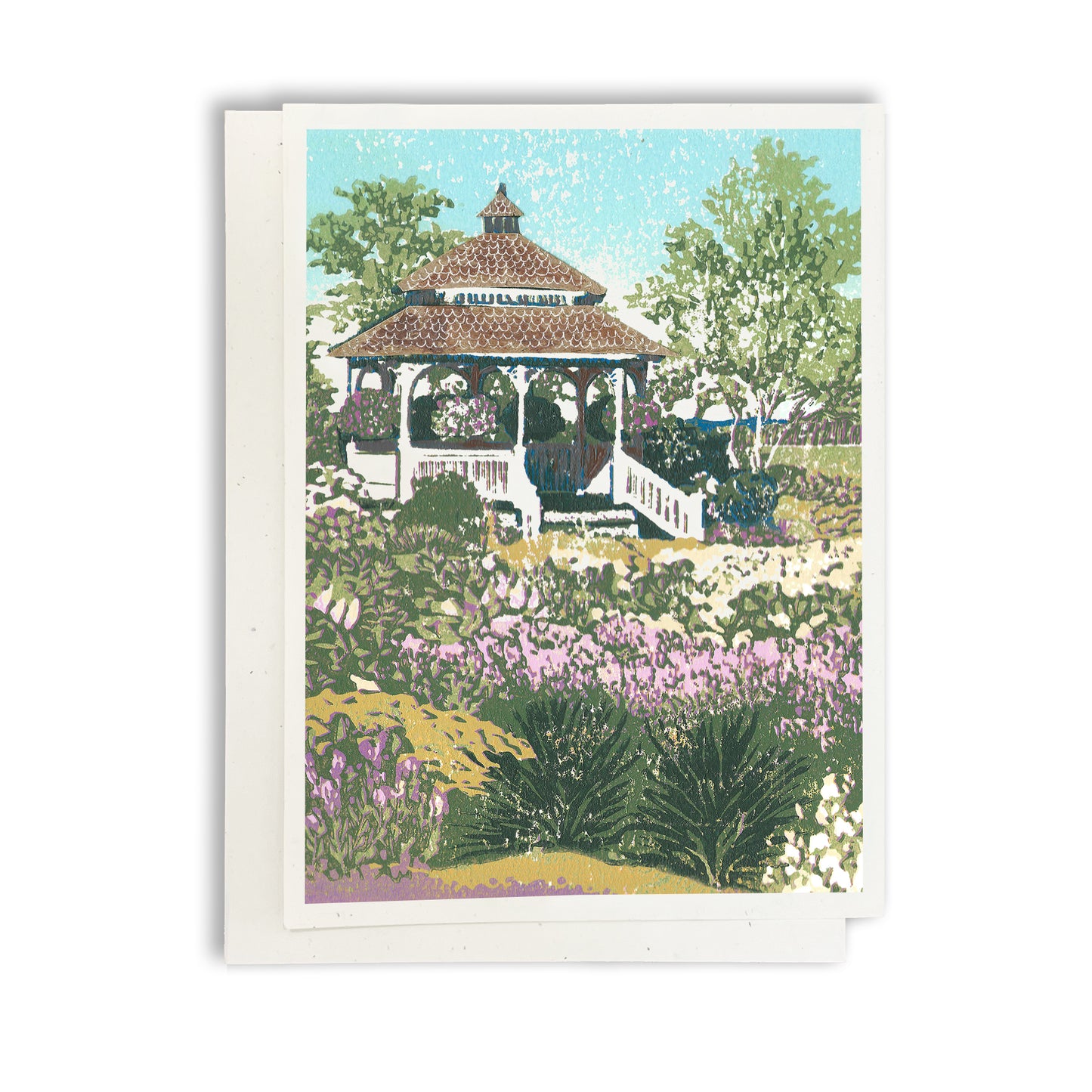A casually elegant card featuring Mackinac Island art by Natalia Wohletz of Peninsula Prints title Mission Point Gazebo.