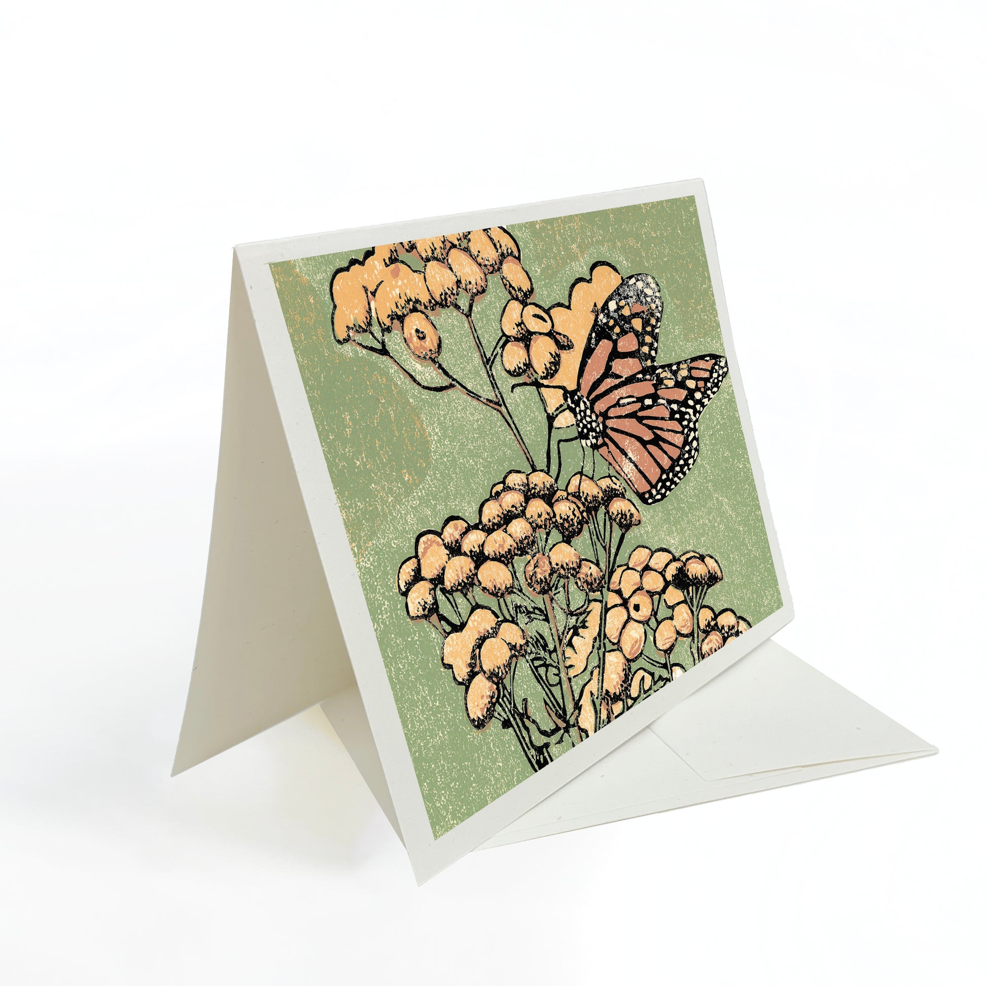 A casually elegant card featuring monarch butterfly art by Natalia Wohletz titled Monarch on Tansy.