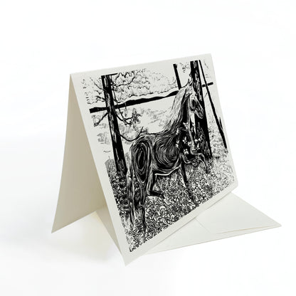 A casually elegant card featuring horse art by Natalia Wohletz titled Morning Frolic.