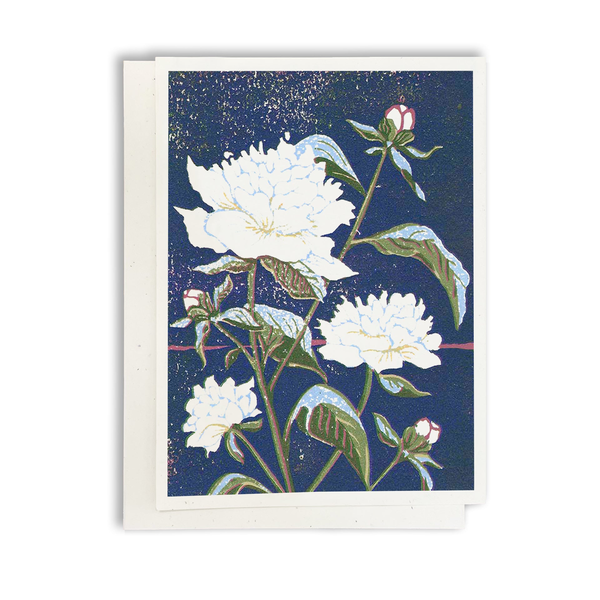 A casually elegant card featuring a digital reproductions of Natalia Wohletz's block print design titled Peony.