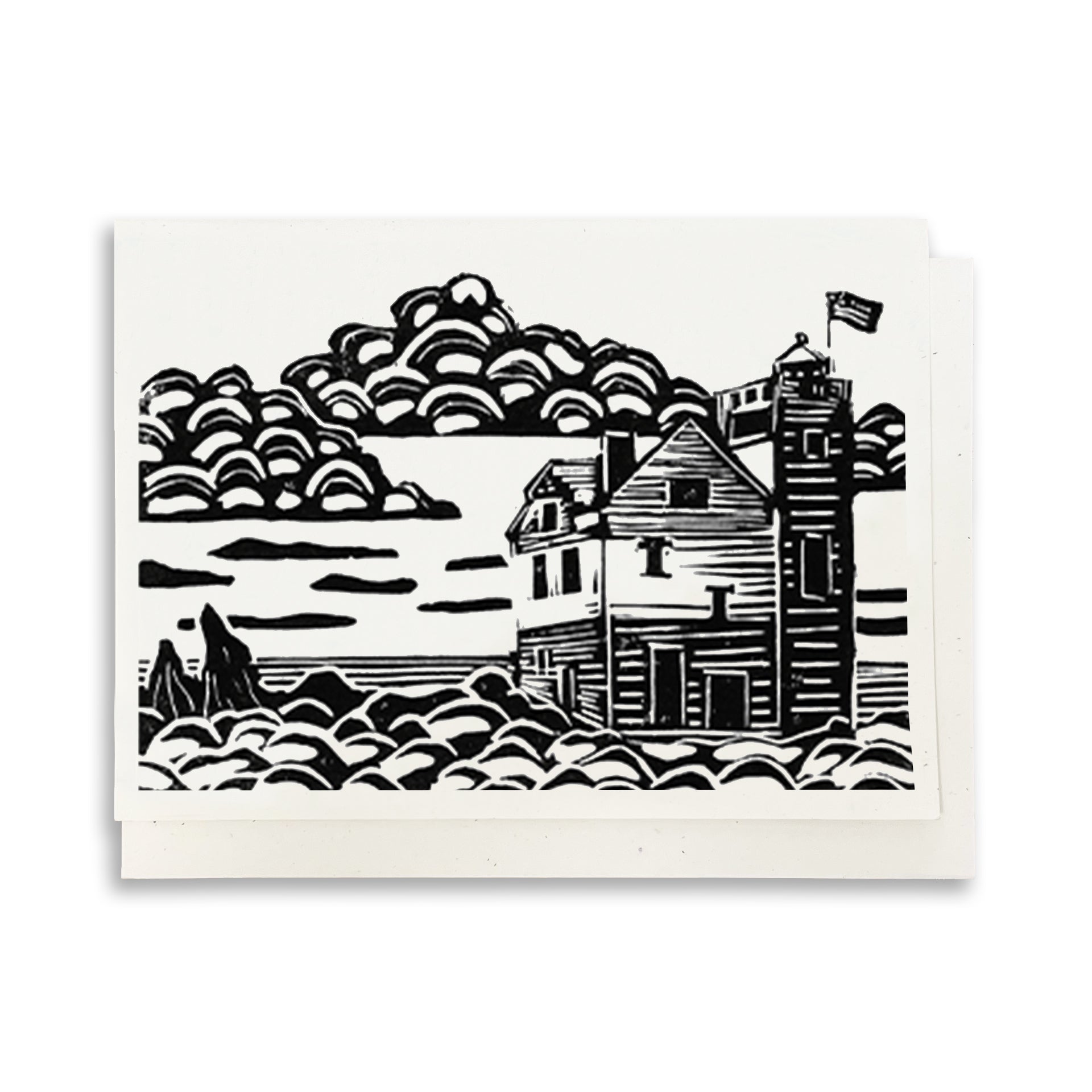 A casually elegant card featuring lighthouse art by Natalia Wohletz of Peninsula Prints titled Round Island Lighthouse.