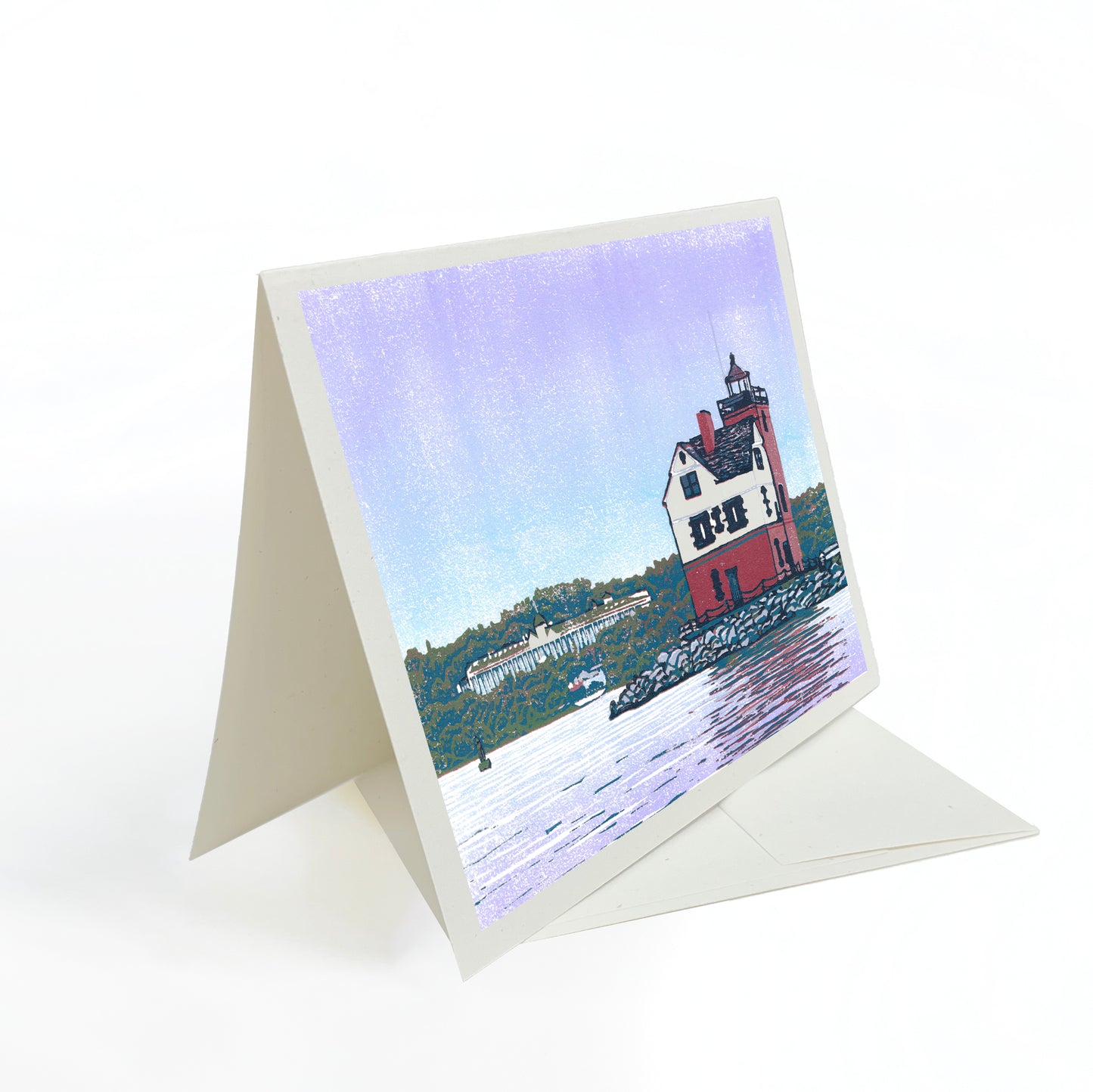 A casually elegant card featuring Round Island Lighthouse art by Natalia Wohletz of Peninsula Prints titled Rounding the Island. 