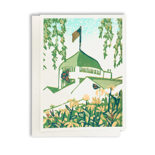 A casually elegant card featuring Mackinac Island art by Natalia Wohletz of Peninsula Prints titled Secret Garden.
