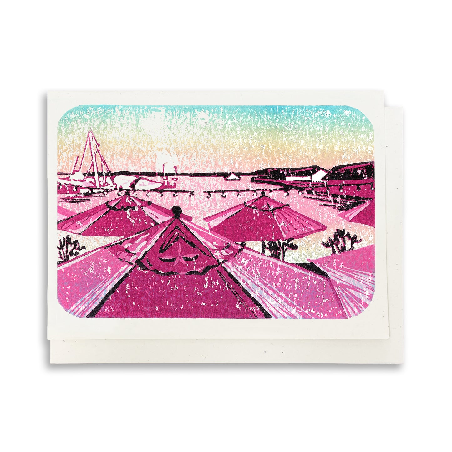 A casually elegant card featuring Mackinac Island art by Natalia Wohletz of Peninsula Prints titled Sunset at the Pony.