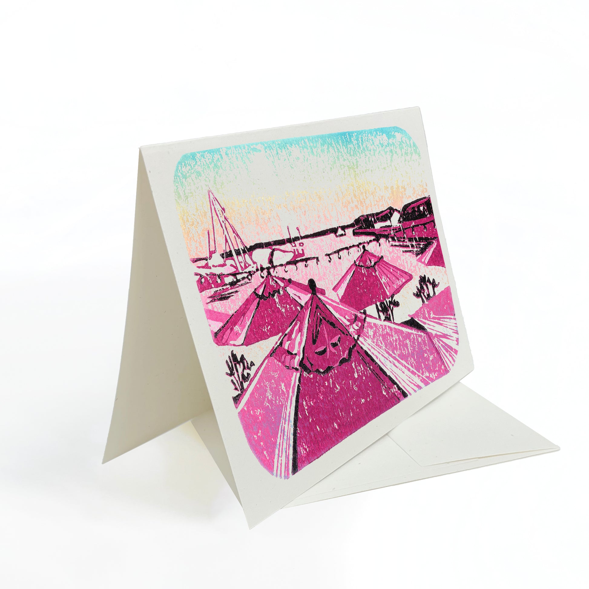 A casually elegant card featuring Mackinac Island art by Natalia Wohletz of Peninsula Prints titled Sunset at the Pony.
