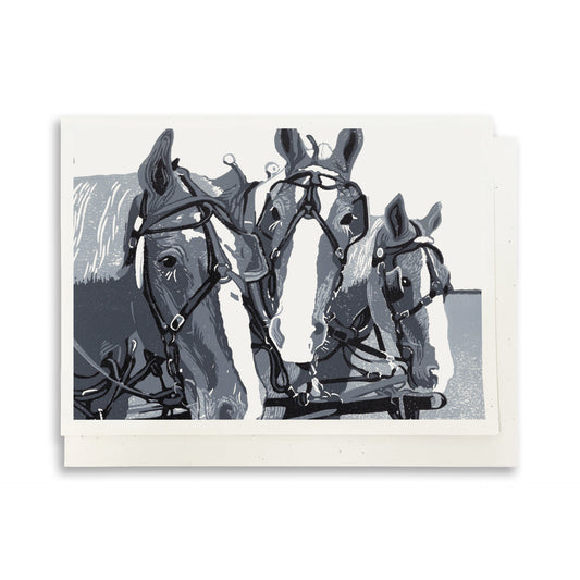 Three Horse Team. A Mackinac Island greeting card featuring digital reproductions of Natalia Wohletz’s block print design.