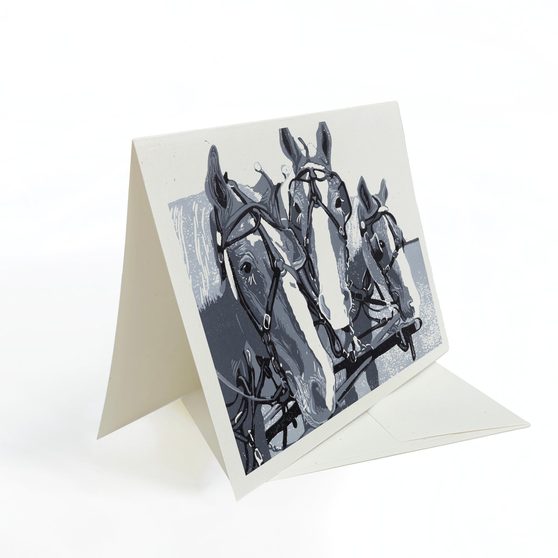 Three Horse Team. A Mackinac Island greeting card featuring digital reproductions of Natalia Wohletz’s block print design.