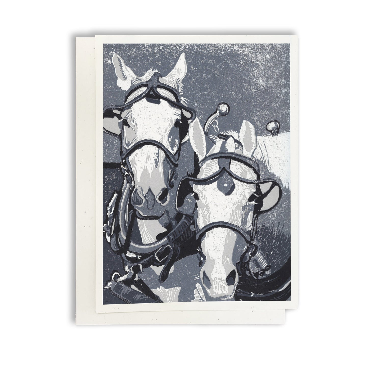 A casually elegant card featuring Mackinac Island horses art by Natalia Wohletz of Peninsula Prints titled Two Horse Team.